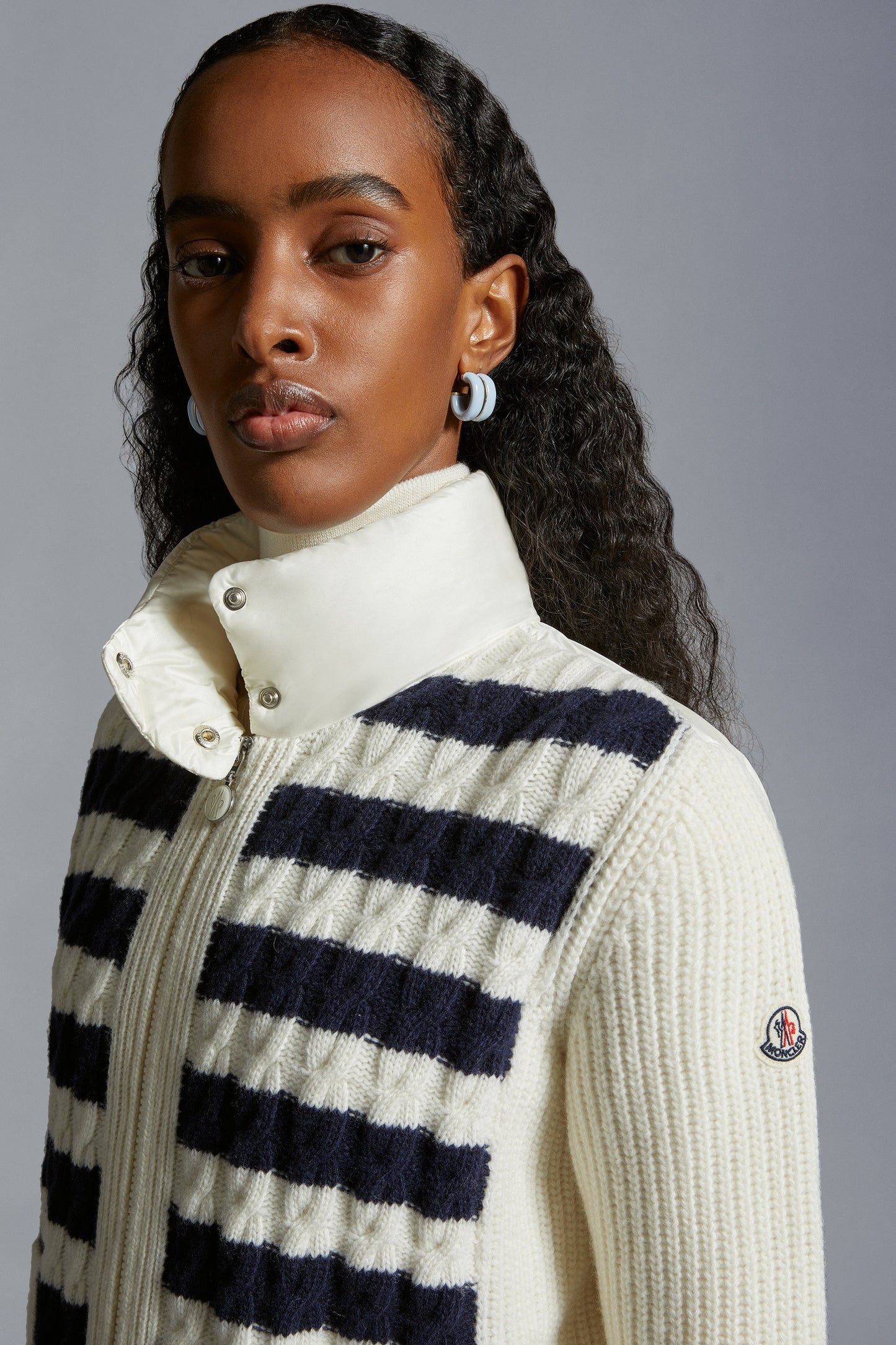 MC Padded Striped Wool Zip Up Cardigan (Partially Down-filled)