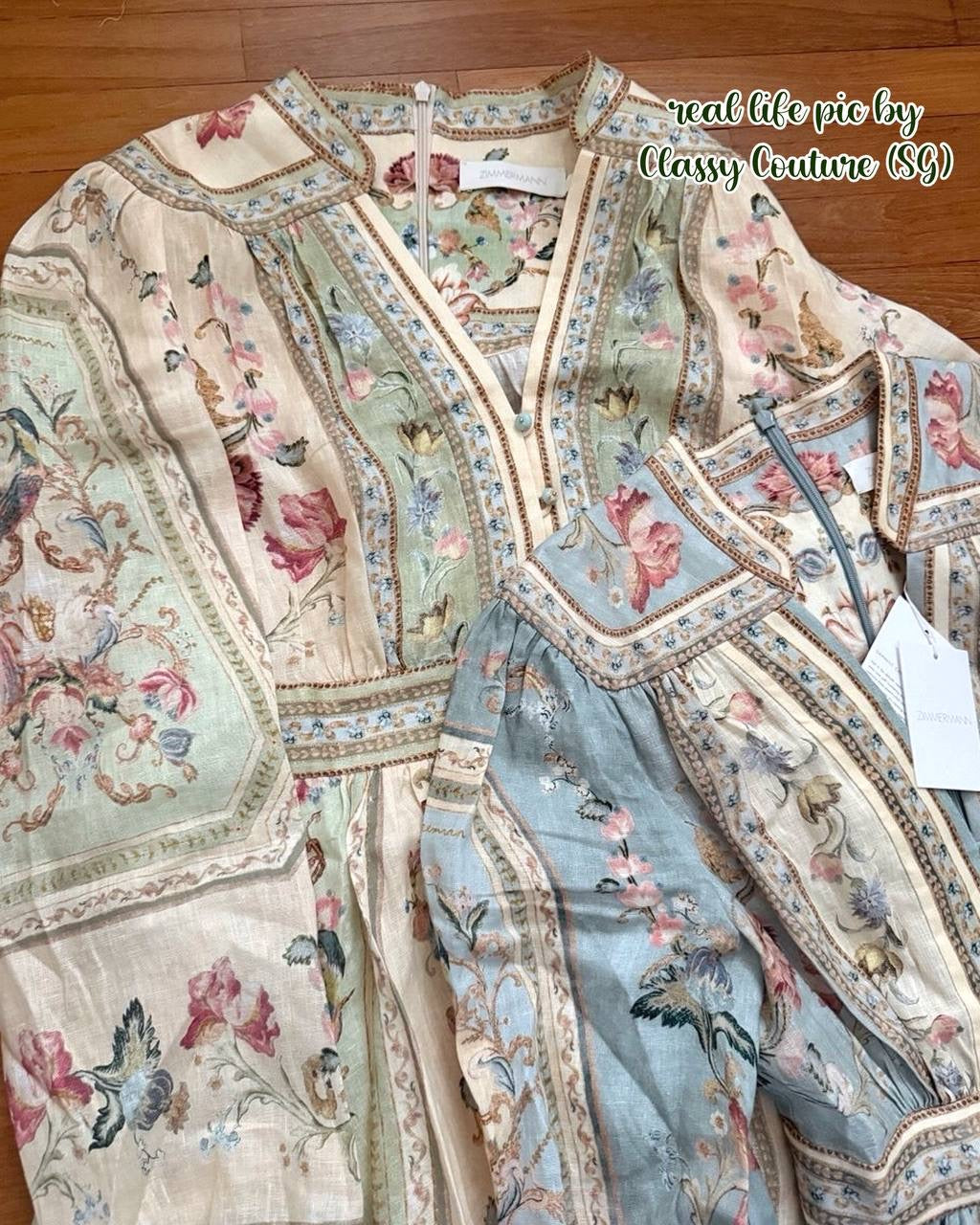 045ZM Green Floral Tapestry Buttoned Linen Mini Dress