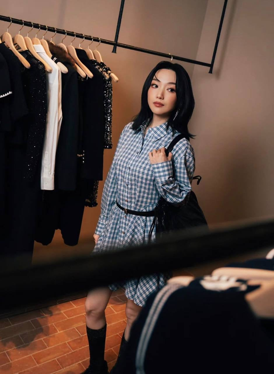 MJ Romimi Gingham Rhinestone Cotton Shirtdress Mini Dress