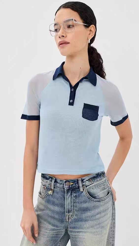 AC Lyocell-Wool Blend Colorblock Contrast Polo Semi-Sheer Sweater Shirt