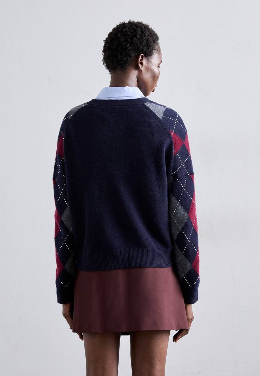 MJ Argyle Cropped Embellished Wool Cardigan