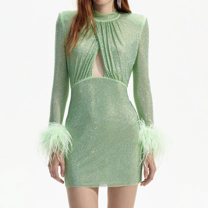 SP Green Rhinestone Feather Mini Dress