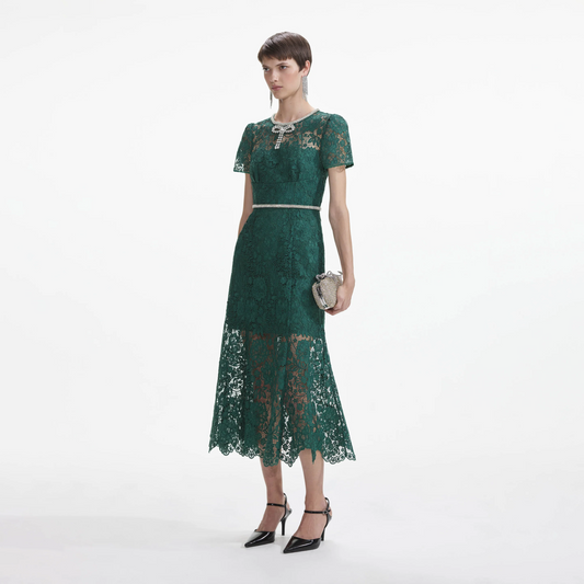 SP Green Lace Diamante Bow Midi Dress