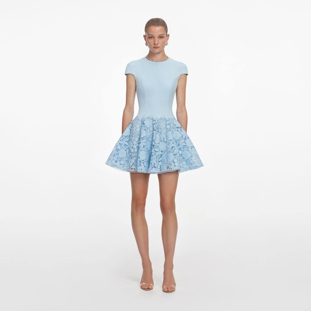SP Blue Cap Sleeve Crepe Floral Lace Mini Dress