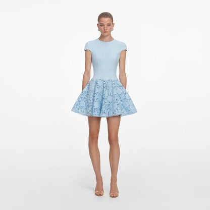 SP Blue Cap Sleeve Crepe Floral Lace Mini Dress
