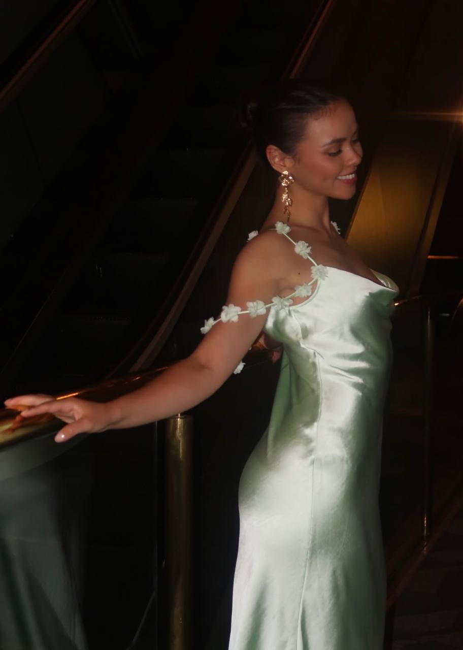 SP Satin Floral Appliqué Cowl Neck Maxi Dress