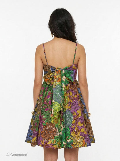 ALM020 Floral Patchwork Party Cotton-silk Babydoll Mini Dress