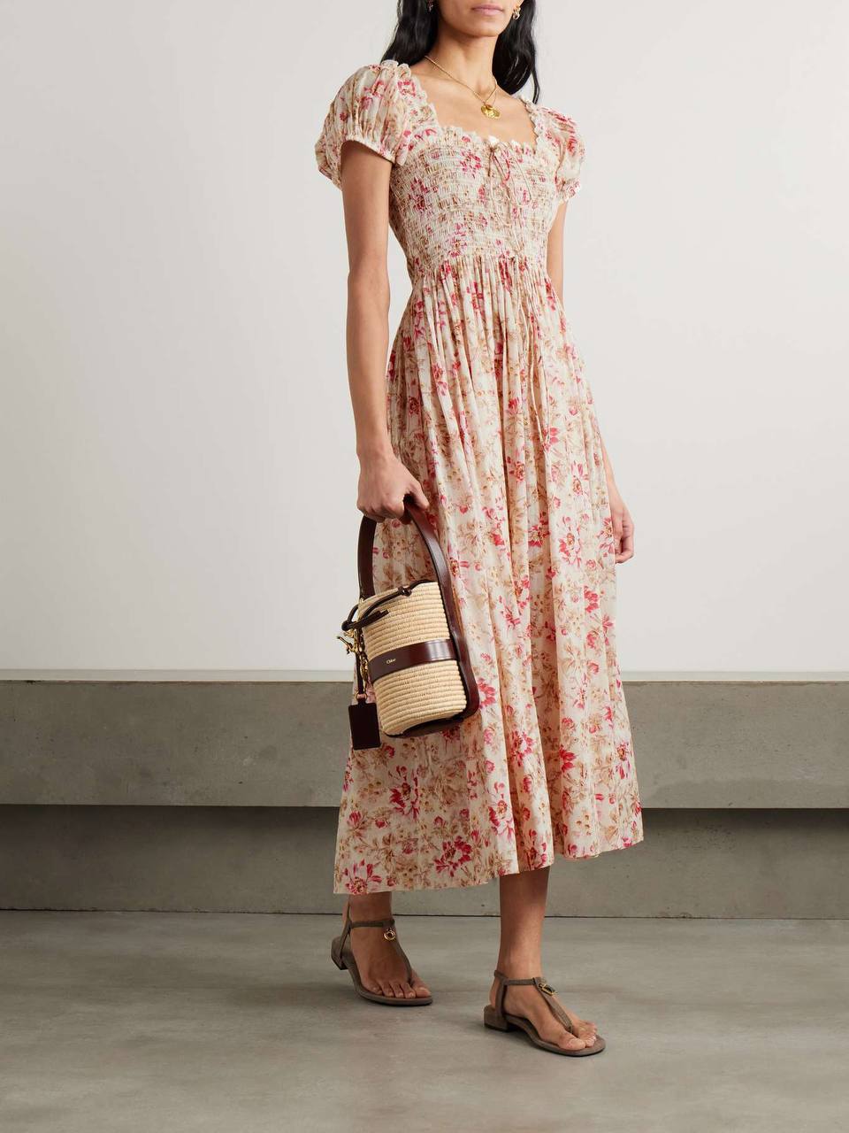 DN Floral Smocked Organic-cotton Midi Dress
