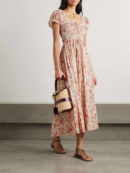 DN Floral Smocked Organic-cotton Midi Dress