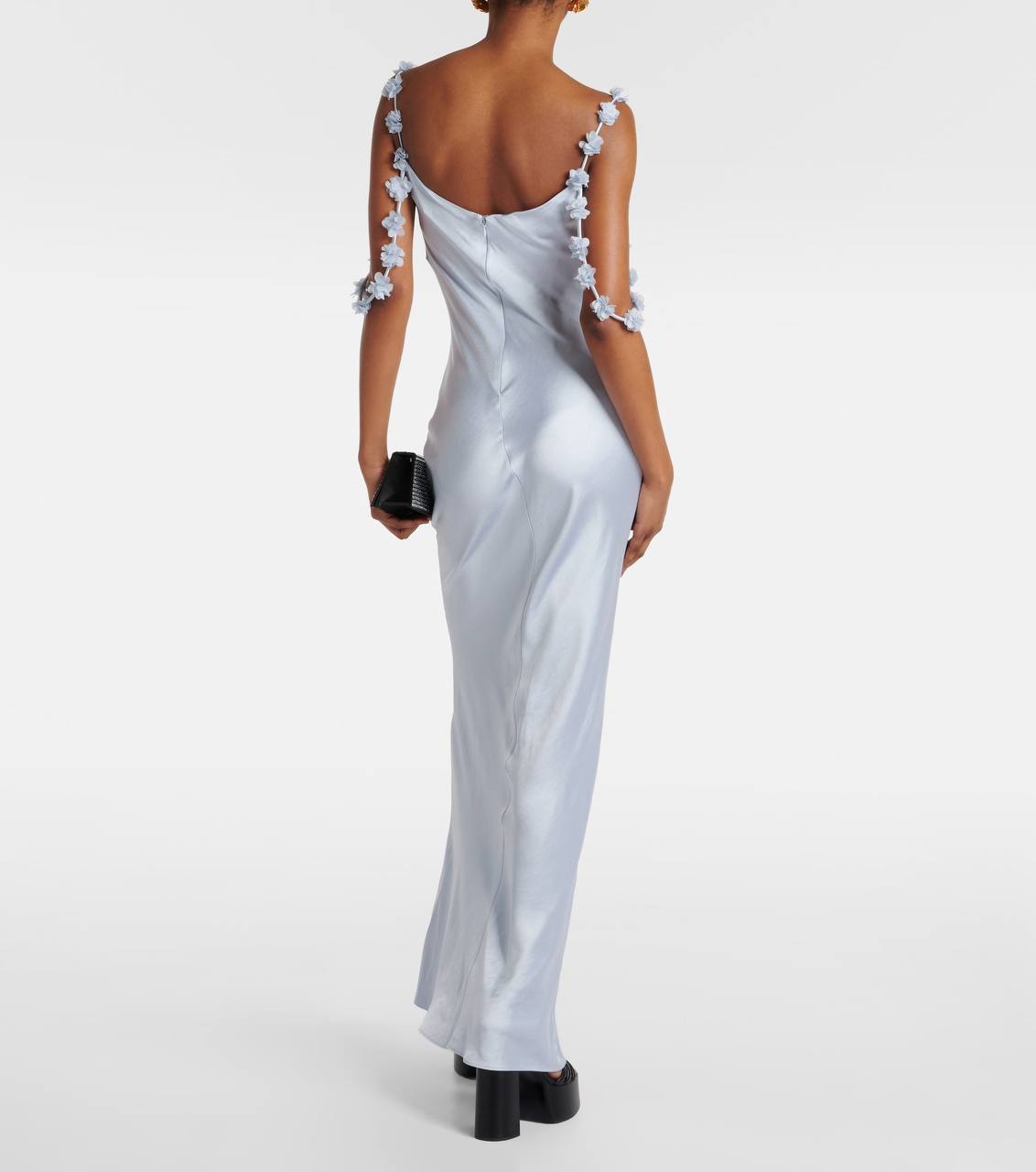 SP Satin Floral Appliqué Cowl Neck Maxi Dress