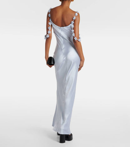 SP Satin Floral Appliqué Cowl Neck Maxi Dress