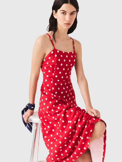 MJ Backless Linen-Blend Red Polka Dot Maxi Dress