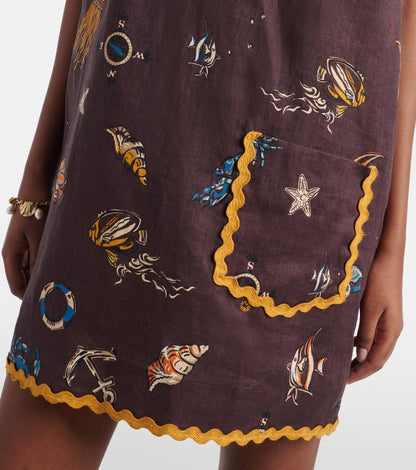 ALM Printed Scalloped Linen Mini Dress