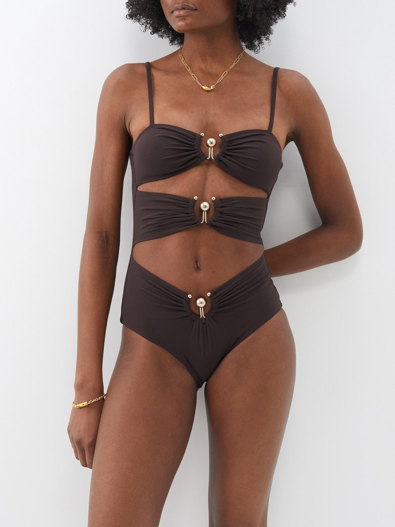 CE Pierced Orbit Cutout Swimsuit One Piece in Chocolate Brown