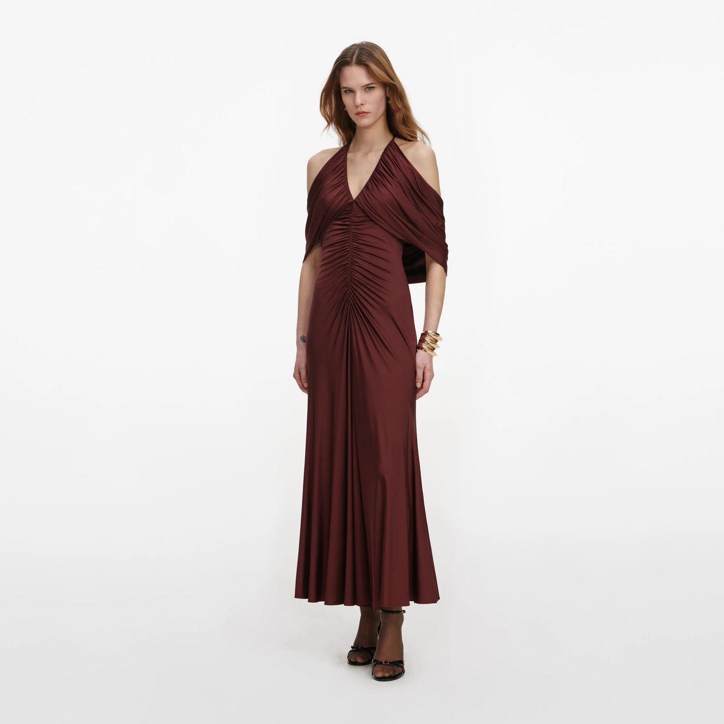 SP Brown Jersey Halter Off-Shoulder Drape Viscose-Blend Midi Dress