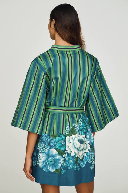 ALM004 Green/Blue Stripe Floral Bloom Organic-Cotton Mini Dress Shirtdress