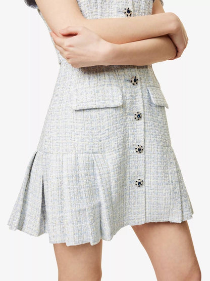 SP Diamante-trim Blue Boucle Pleated Skirt Mini Dress