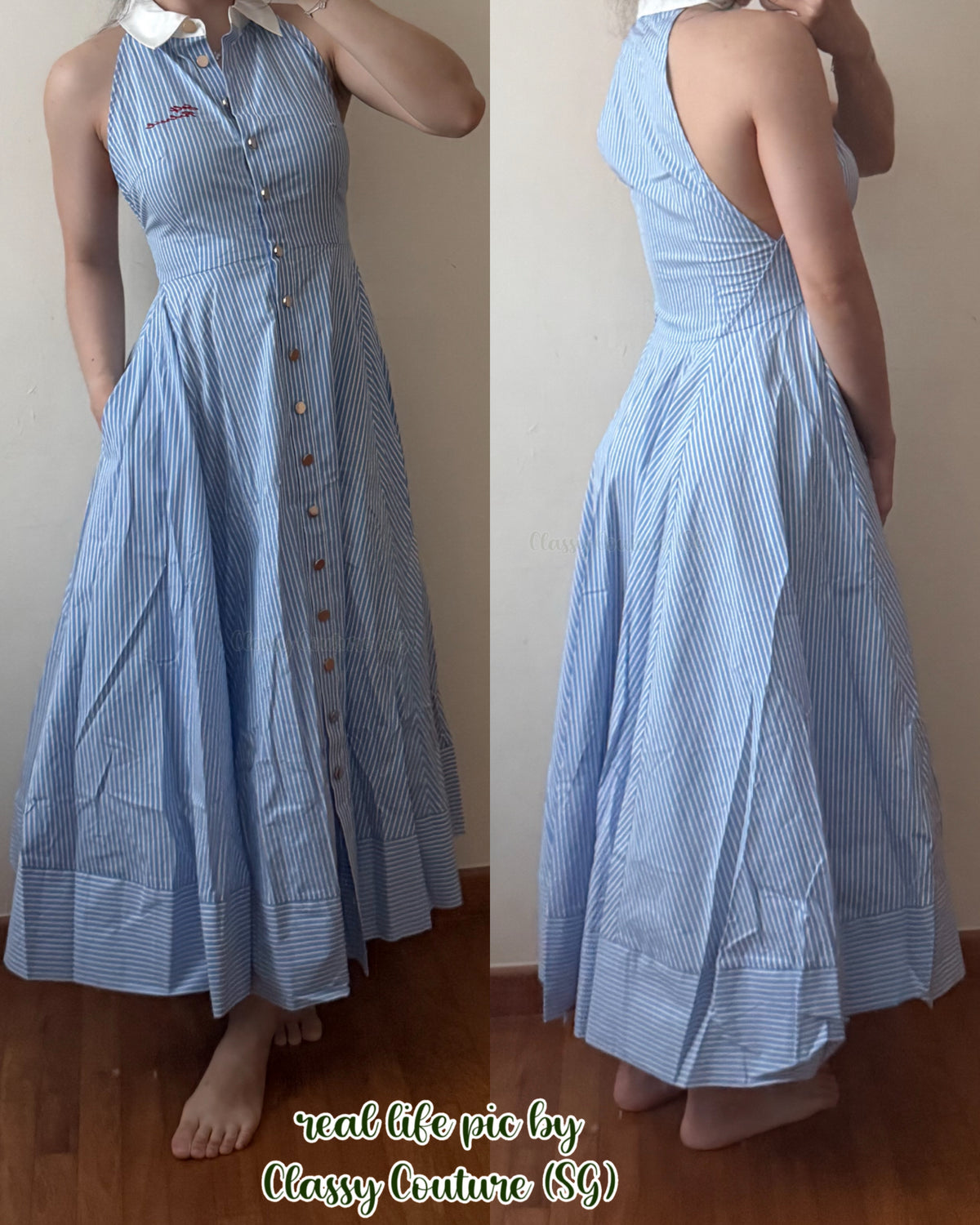 SP Blue Striped Contrast Collar Sleeveless Cotton Midi Dress