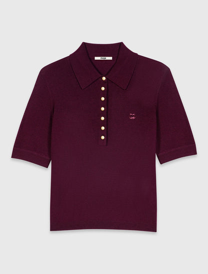 Malila Polo Collar Jumper Top | Cardigan with Embroidered Logo | Wool Burgundy Purple-red Set