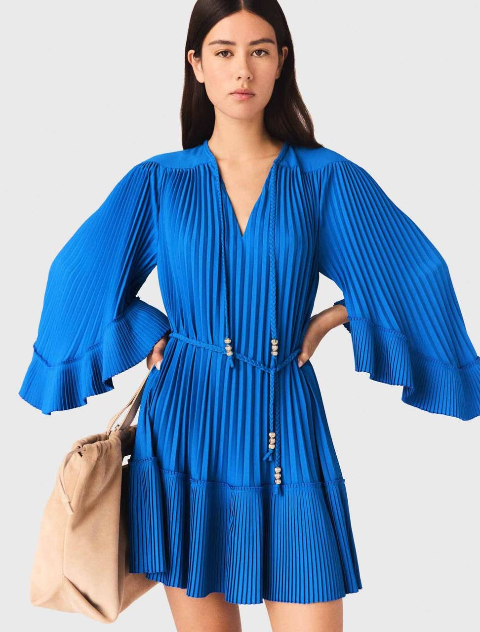MJ Pleated Braided Drawstring Bell-sleeve Mini Dress