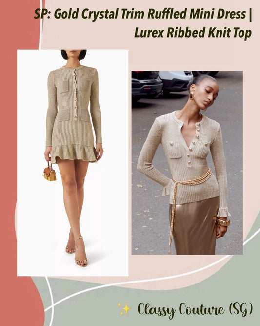 SP Gold Lurex Ribbed Knit Long Sleeved Top | Ruffle Hem Mini Dress