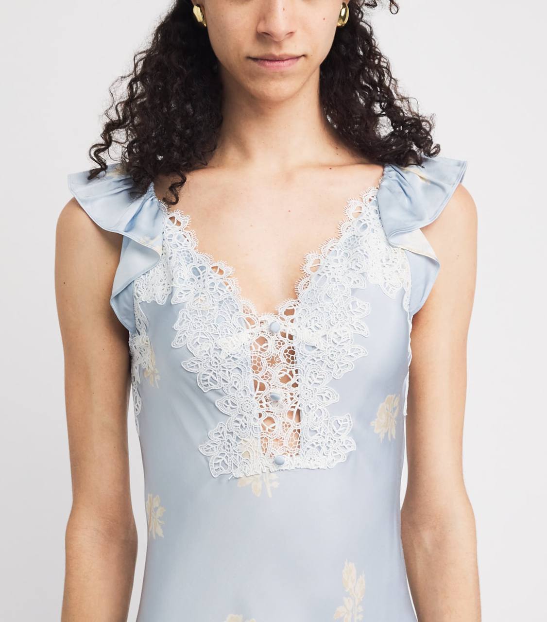CP Viscose Satin Blue Floral Print Lace-front Maxi Dress