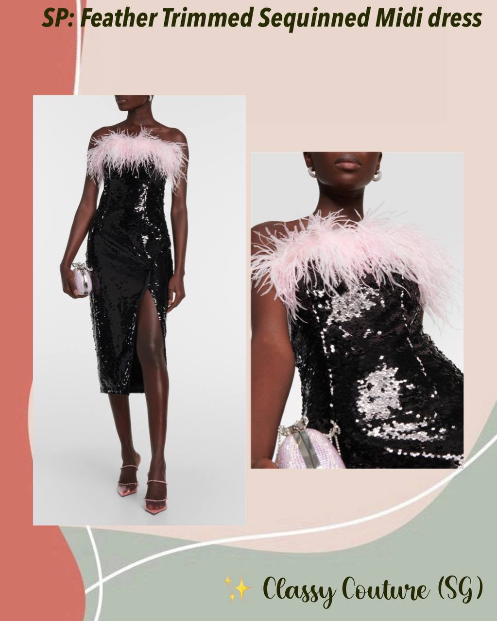 SP Pink Feather Trimmed Black Sequinned Midi Dress