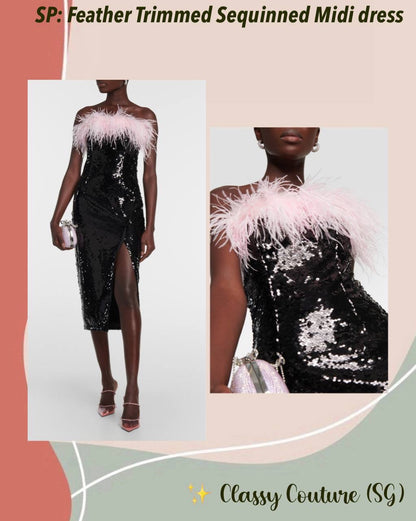 SP Pink Feather Trimmed Black Sequinned Midi Dress