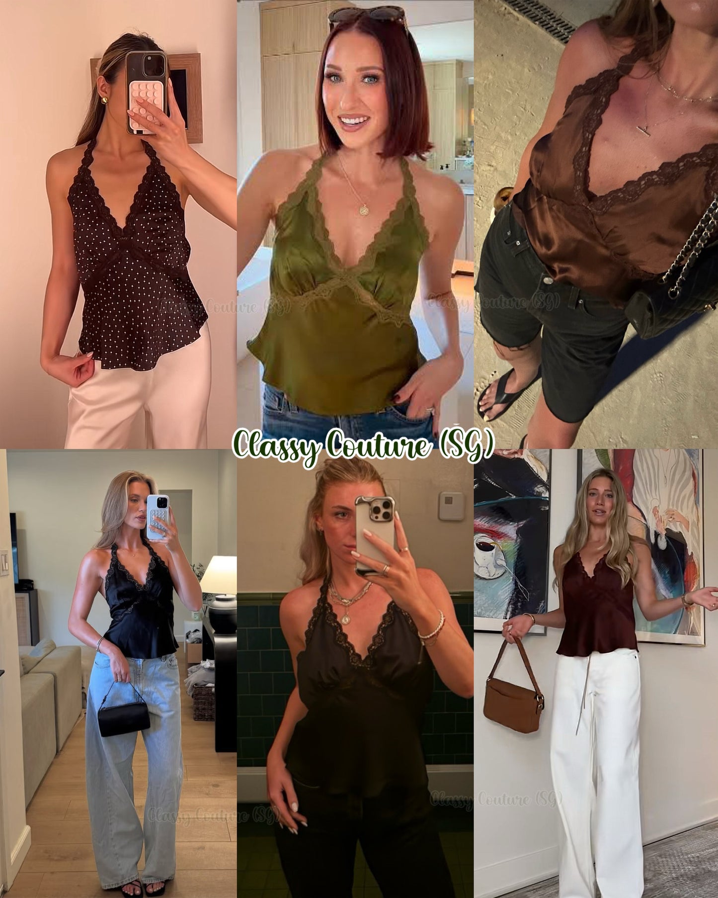 6 Colors! Ref Monica Silk Halter Lace Trim Top