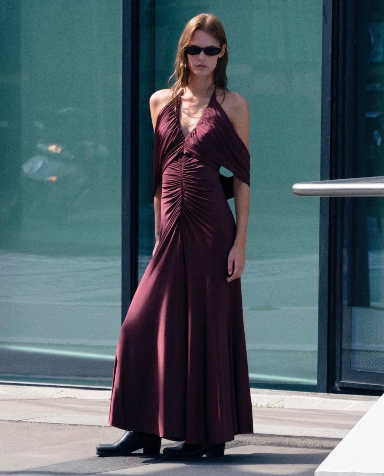 SP Brown Jersey Halter Off-Shoulder Drape Viscose-Blend Midi Dress