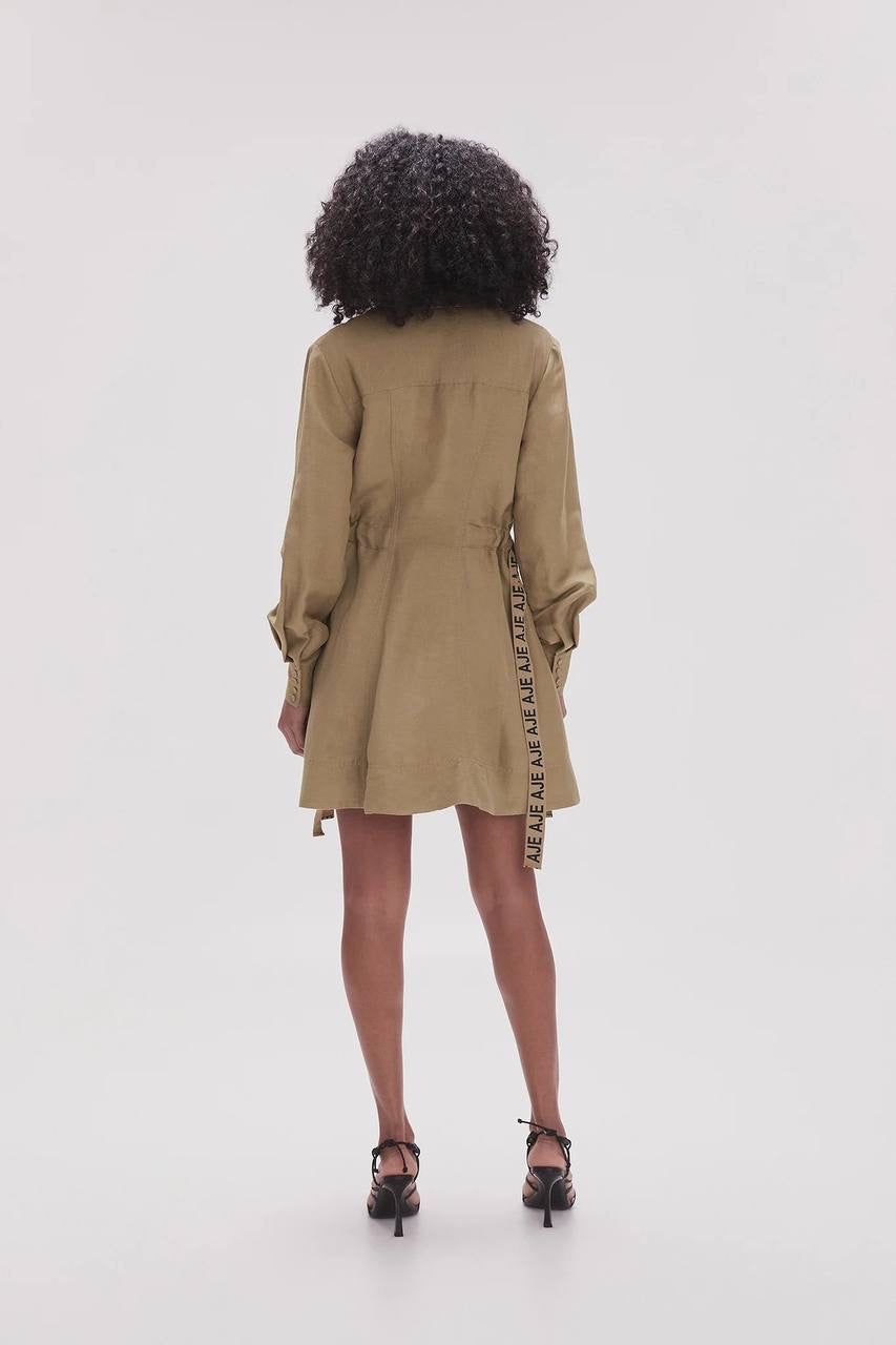 AJ Eternal Logo Mini Dress in Black and Desert Khaki Linen-Rayon