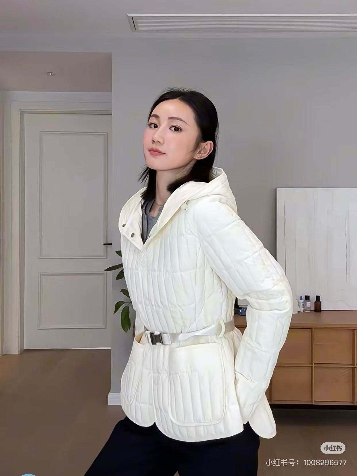 MK Raja Light Down Vertical Quilted Hooded Jacket with Belt