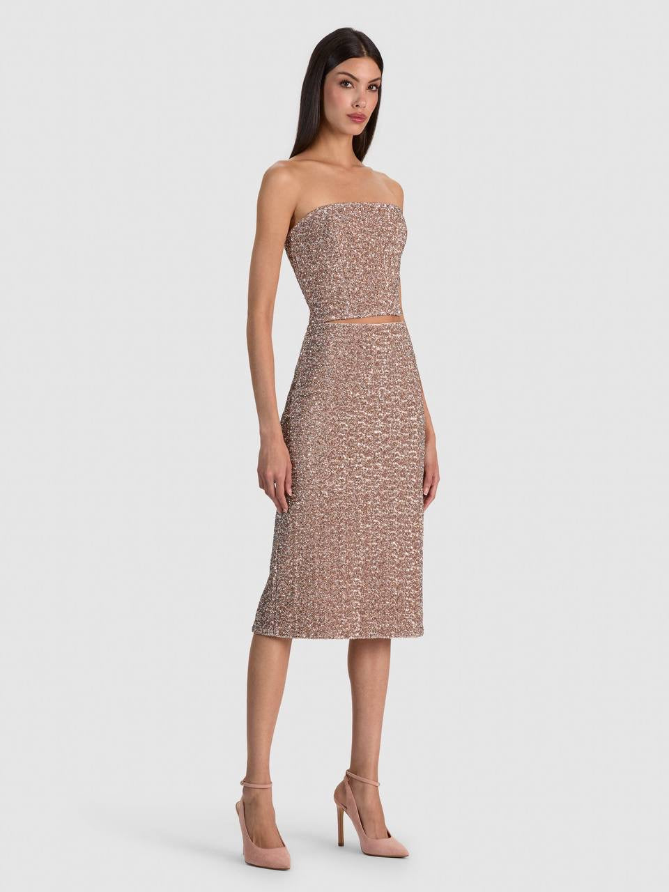 Cosette Corset Strapless Bandeau Top | Fifi Midi Skirt | Sequin Set