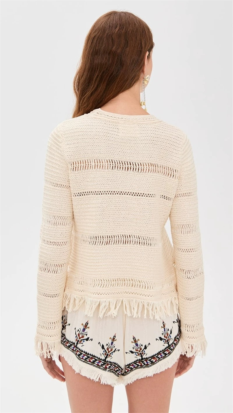 IM Azilis Open Stitch Fringe Cotton Crewneck Sweater Pullover