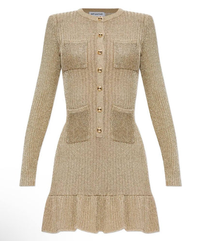 SP Gold Lurex Ribbed Knit Long Sleeved Top | Ruffle Hem Mini Dress