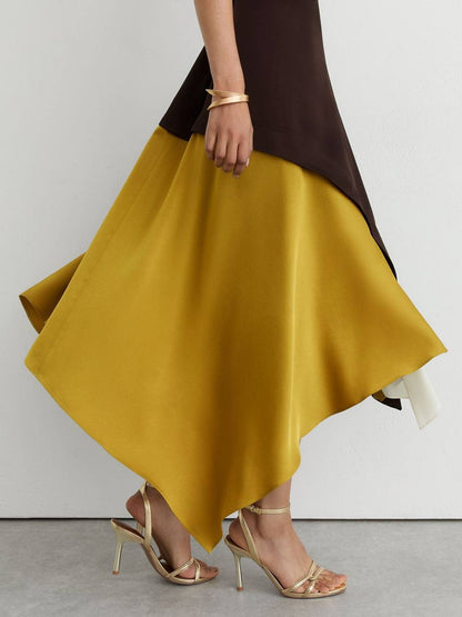 RS Bianca Colour-Block Layered Midi Dress in Brown/Yellow/Cream