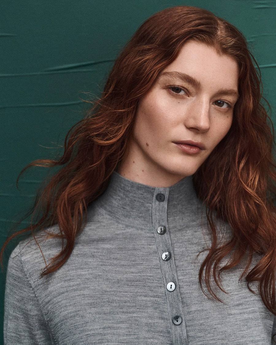 TH Shirred Henley Regal Wool Sweater Quarter Button Long Sleeve Top