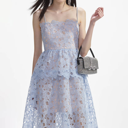 SP Blue Organza Lace Mini | Tiered Midi Dress