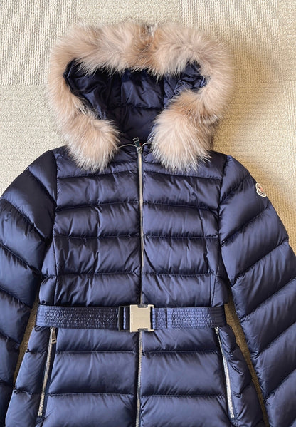 MC Leersie Hooded Shearling-Trimmed Long Down Jacket Coat in Navy Blue