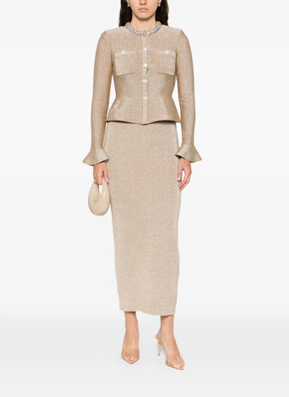 SP Gold Crystal Trim Peplim Midi Dress