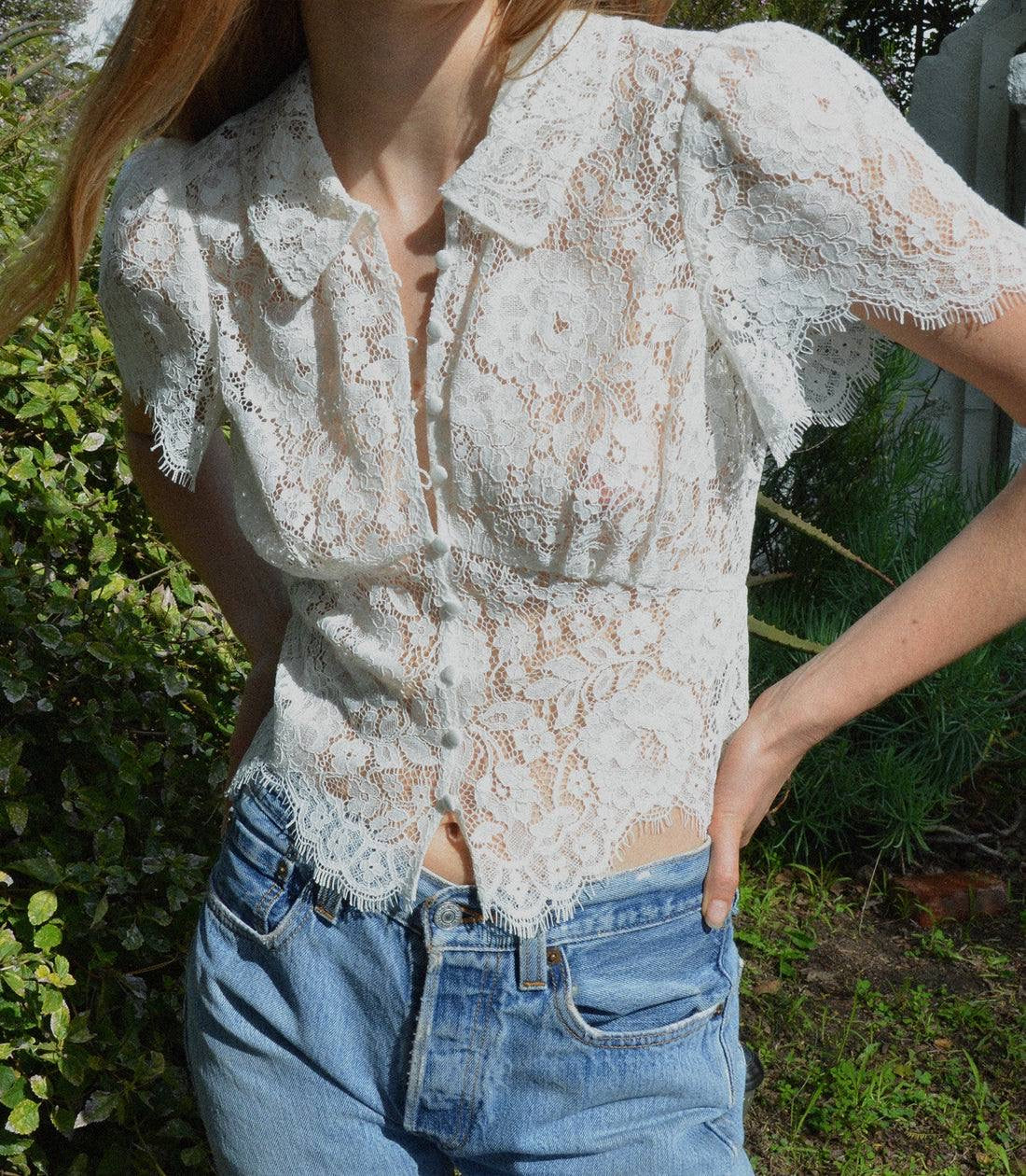 DN Fleurance Cotton-Blend Lace Top in Salt White