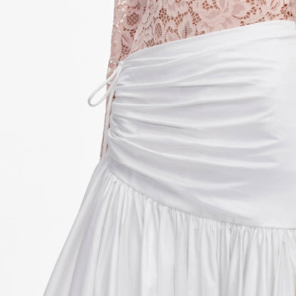 SP Beige-pink Floral Lace BodySuit One-piece | White Cotton Asymmetrical Midi Skirt | Set