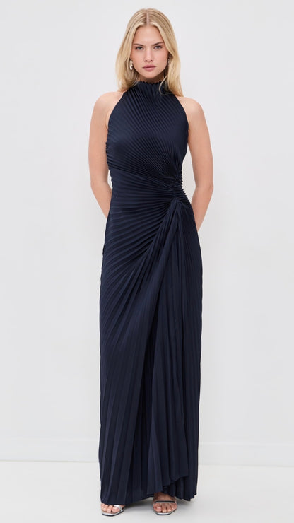 ALC Romy Halter Pleated Satin Gown Maxi Dress