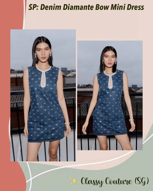 SP Denim Diamante Bow Sequin Keyhole Shift Mini Dress
