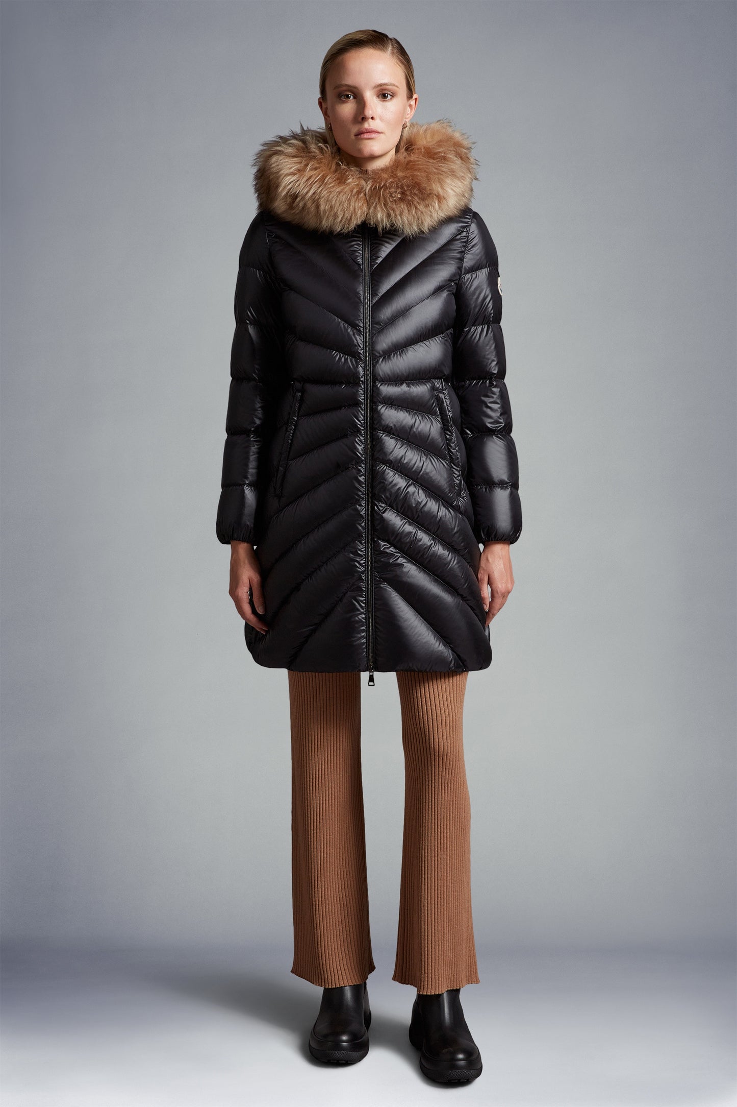 MC Chandre Long Down Puffer Jacket Coat With Removable Shearling Trim in Black