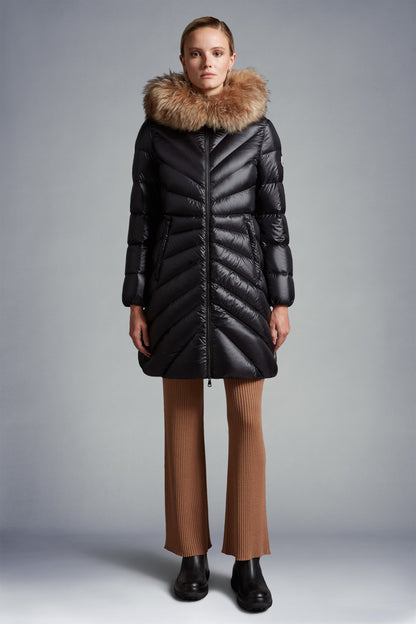 MC Chandre Long Down Puffer Jacket Coat With Removable Shearling Trim in Black