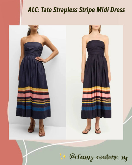 ALC Tate Strapless Stripe Cotton Midi Dress in Navy Blue