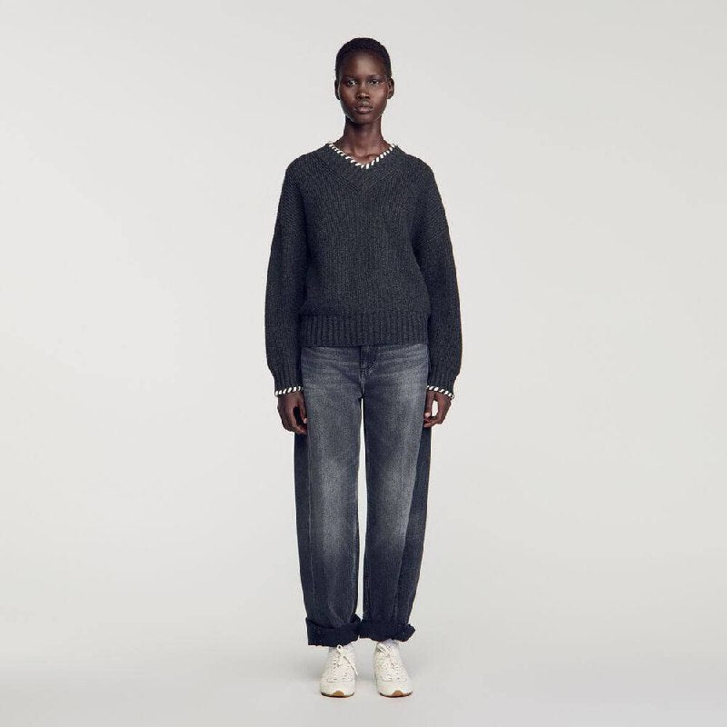 Grey Braided V-Neck Wool-blend Jumper Sweater