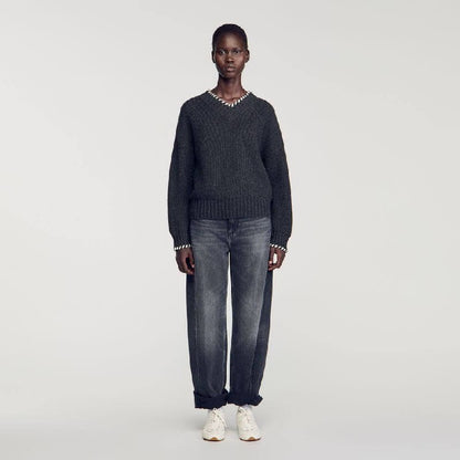 Grey Braided V-Neck Wool-blend Jumper Sweater