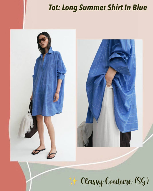 Tot Blue Long Summer Cotton-blend Oversized Shirt Shirtdress Mini Dress